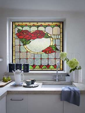Window Privacy Film, Decorative stained glass window with red roses, 60 x 90cm, Transparent, Window Film
