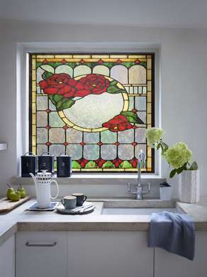 Самоклейка для окон, Декоративный витраж с красными розами, 60 x 90cm, Transparent