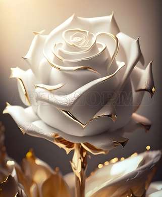 Poster - White rose with golden leaves, 60 x 90 см, Framed poster on glass, Flowers