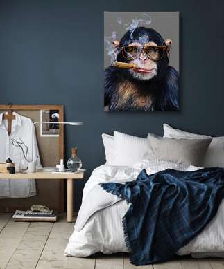 Poster, Maimuță cu pipă, 60 x 90 см, Poster inramat pe sticla
