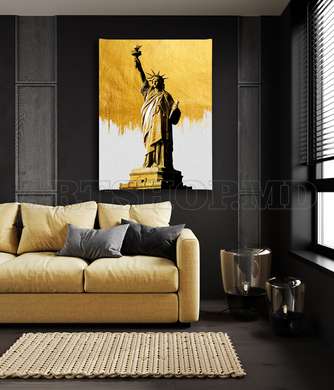 Poster - Statue of Liberty & Gold Elements, 60 x 90 см, Framed poster on glass, Maps and Cities