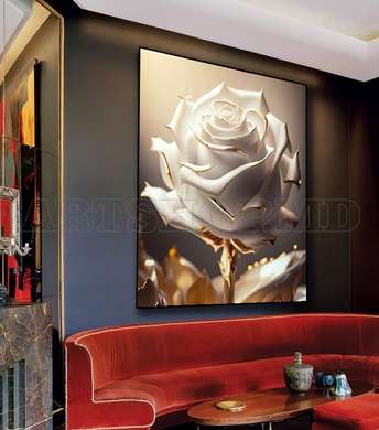 Poster - White rose with golden leaves, 30 x 45 см, Canvas on frame, Flowers