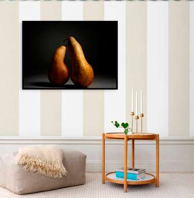 Poster - Two pears on a black background, 90 x 60 см, Framed poster on glass, Food and Drinks