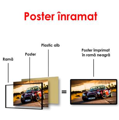 Poster - Mașină roșie pe drum la apusul soarelui, 90 x 45 см, Poster înrămat, Transport