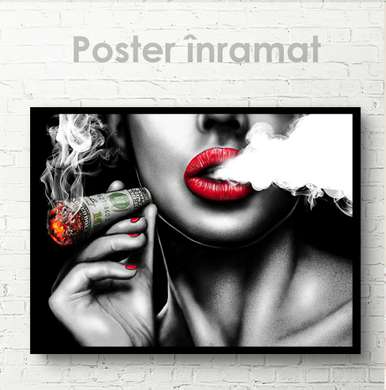 Poster - Fată cu trabuc, 45 x 30 см, Panza pe cadru, Alb Negru