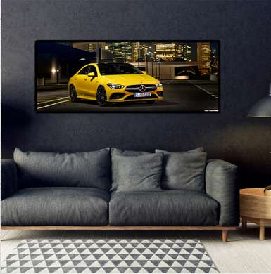Poster - Mercedes galben în orașul de noapte, 150 x 50 см, Poster înrămat, Transport