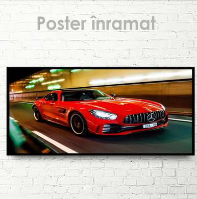 Poster - Red Mercedes, 90 x 45 см, Framed poster on glass, Transport