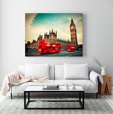 Poster - Autobuzul roșu pe fundalul Big Ben, 90 x 60 см, Poster înrămat, Orașe și Hărți