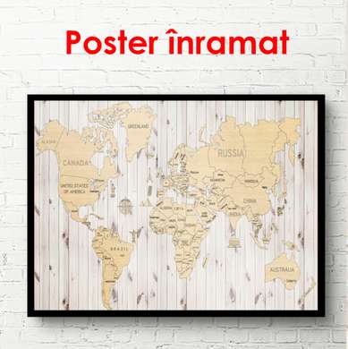 Poster - Harta lumii pe un fundal din lemn, 90 x 60 см, Poster inramat pe sticla, Orașe și Hărți