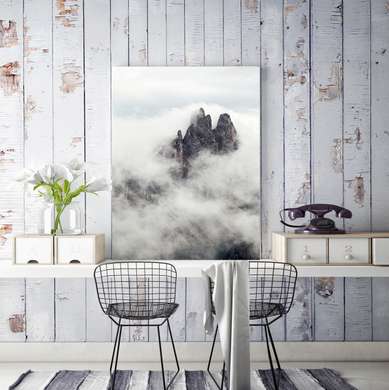 Poster - Rocks through the fog, 45 x 90 см, Framed poster on glass, Nature