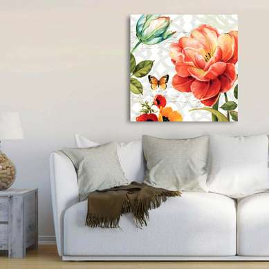 Poster - Composition of colorful flowers, 100 x 100 см, Framed poster on glass