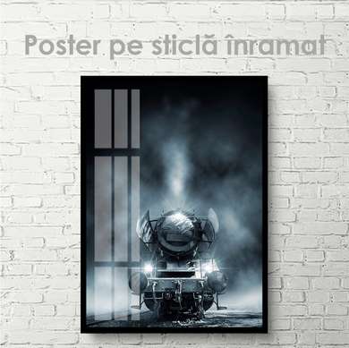Poster - Train in the fog, 60 x 90 см, Framed poster on glass, Transport
