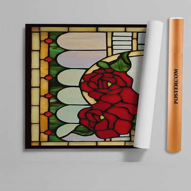 Самоклейка для окон, Декоративный витраж с красными розами, 60 x 90cm, Мат, Витражная Пленка