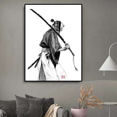 Постер - Карикатура в китайском стиле, 60 x 90 см, Постер на Стекле в раме, Черно Белые