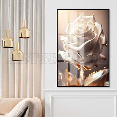 Poster - White rose with golden leaves, 30 x 45 см, Canvas on frame, Flowers