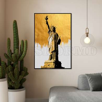 Poster - Statue of Liberty & Gold Elements, 60 x 90 см, Framed poster on glass, Maps and Cities