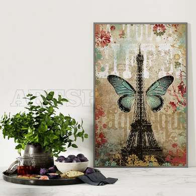 Poster - Turnul Eiffel cu fluture albastru, 60 x 90 см, Poster inramat pe sticla, Provence