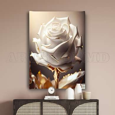 Poster - White rose with golden leaves, 30 x 45 см, Canvas on frame, Flowers