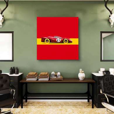 Poster - Car on a yellow stripe and on a red background, 40 x 40 см, Canvas on frame