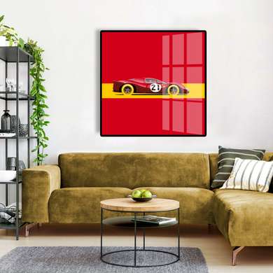 Poster - Mașină pe o dungă galbenă și pe un fundal roșu, 100 x 100 см, Poster inramat pe sticla