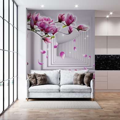 3Д Фотообои - Розовая магнолия на фоне белого коридора
