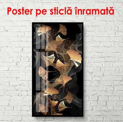 Poster - Compoziție cu frunze aurii pe un fundal negru, 50 x 150 см, Poster înrămat, Glamour