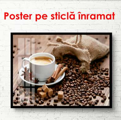Poster - Sack of coffee beans on the table next to coffee in a white cup, 90 x 60 см, Framed poster, Food and Drinks