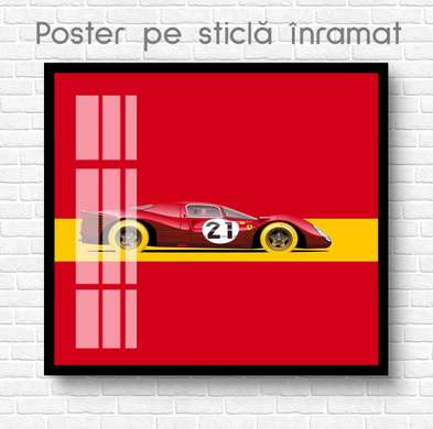 Poster - Car on a yellow stripe and on a red background, 100 x 100 см, Framed poster on glass, Transport