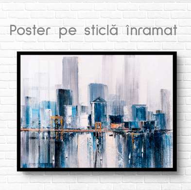 Poster - Orașul abstract cu un pod auriu, 90 x 60 см, Poster inramat pe sticla