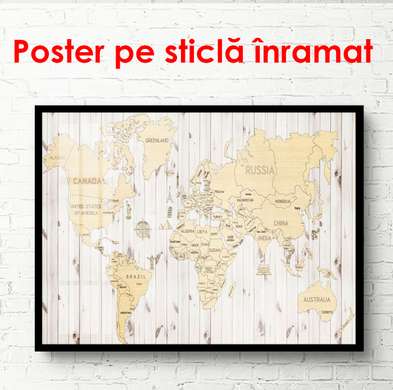Poster - Harta lumii pe un fundal din lemn, 45 x 30 см, Panza pe cadru