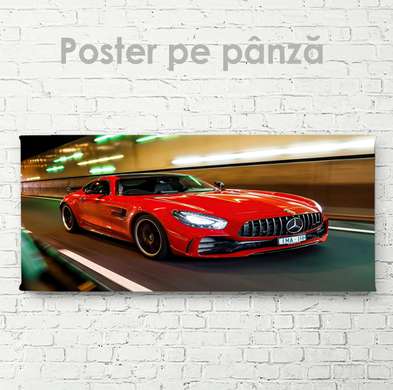 Poster - Red Mercedes, 90 x 45 см, Framed poster on glass, Transport