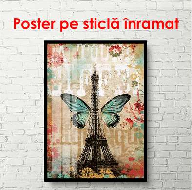 Poster - Eiffel Tower with a blue butterfly against a gray wall, 60 x 90 см, Framed poster, Provence