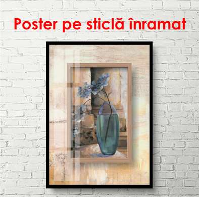 Постер - Стеклянная ваза с цветком на столе, 60 x 90 см, Постер на Стекле в раме, Натюрморт