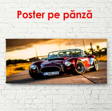 Постер - Красный автомобиль на дороге на закате, 90 x 45 см, Постер в раме, Транспорт