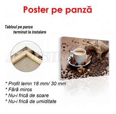 Постер - Мешок с кофейными зернами на столе рядом с кофе в белой чашке, 90 x 60 см, Постер в раме, Еда и Напитки