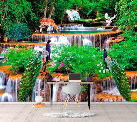 Wall Mural - Waterfall in the forest with birds