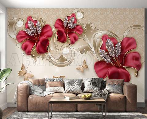 Wall mural - Red flowers on a beige background