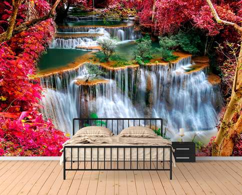 Wall Mural - Beautiful view of the red park with a waterfall