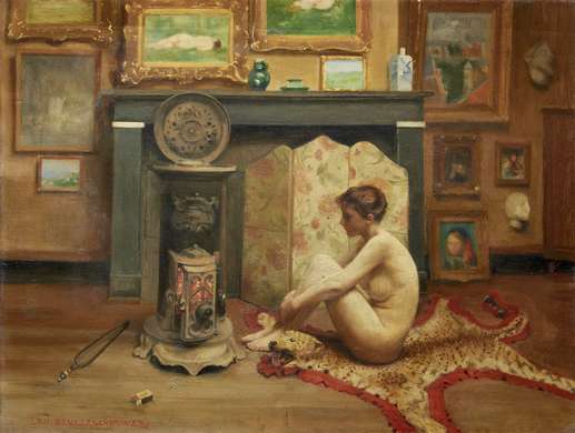 Poster - Girl by the fireplace, 45 x 30 см, Canvas on frame, Art