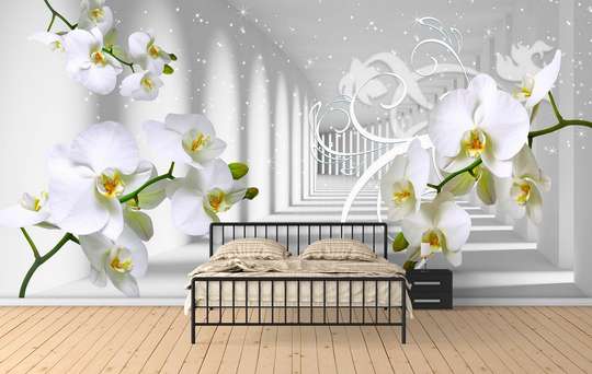 3D Wallpaper - Orchid on the background of a light tunnel