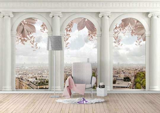 Wall Mural - City view through arched windows.