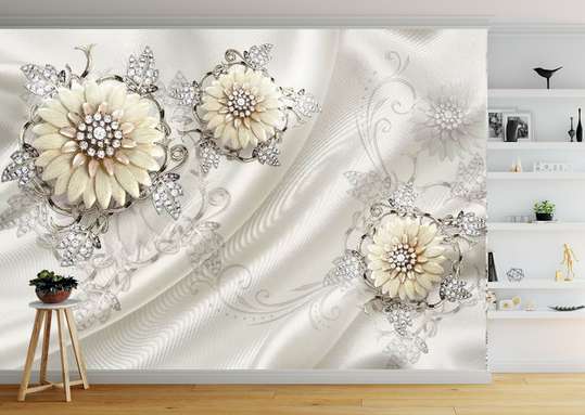 3D Wallpaper - Beige flowers with gemstone leaves on a white velvet background