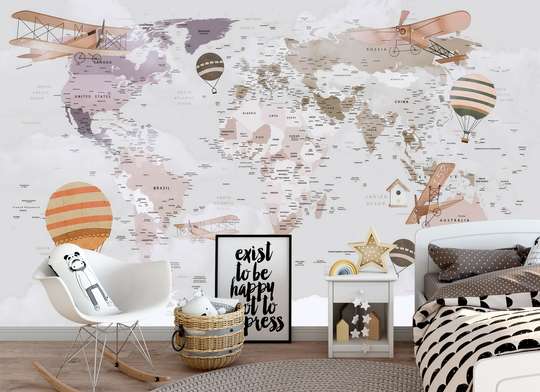 Wall mural in the nursery - Map of the world with airplanes