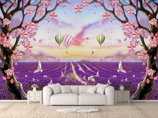 Wall Mural - Lavender field with balloons in the sky