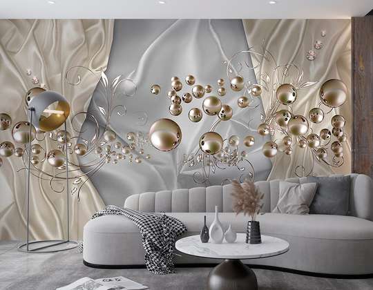 3D Photo Wallpaper- Pale gold spheres on a satin gray background