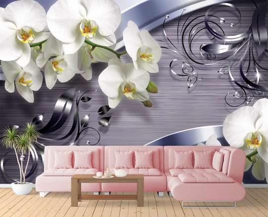 Фотообои - Белые орхидеи на фиолетовом фоне