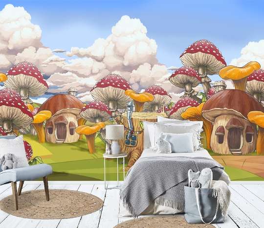 Murals for the nursery - Mushrooms and houses in a fairy tale world
