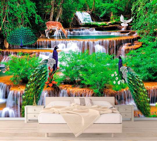 Wall Mural - Waterfall in the forest with birds