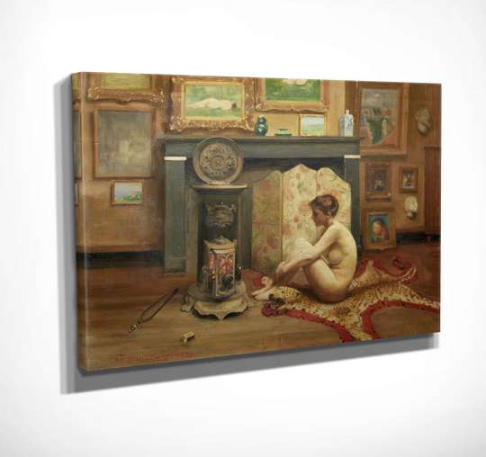 Постер - Девушка у камина, 45 x 30 см, Холст на подрамнике