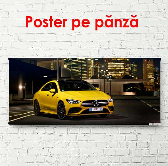 Poster - Mercedes galben în orașul de noapte, 150 x 50 см, Poster înrămat